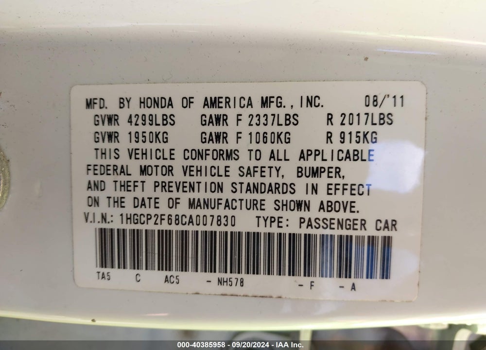 2012 HONDA ACCORD 2.4 SE VIN: 1HGCP2F68CA007830