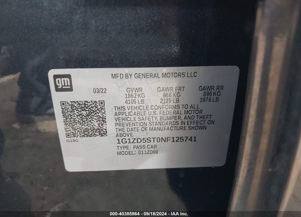 2022 CHEVROLET MALIBU FWD LT VIN: 1G1ZD5ST0NF125741