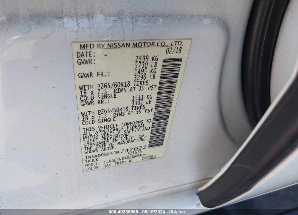 2018 NISSAN FRONTIER SV VIN: 1N6AD0ER4JN747022