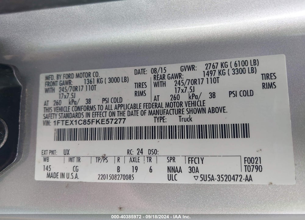 2015 FORD F-150 XL VIN: 1FTEX1C85FKE57277