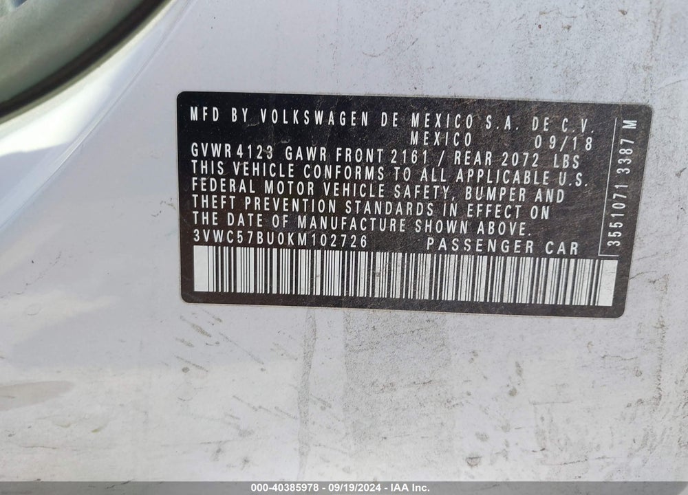 2019 VOLKSWAGEN JETTA 1.4T R-LINE/1.4T S/1.4T SE VIN: 3VWC57BU0KM102726