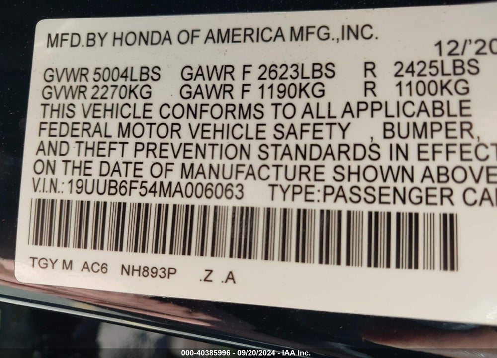 2021 ACURA TLX A-SPEC PACKAGE VIN: 19UUB6F54MA006063