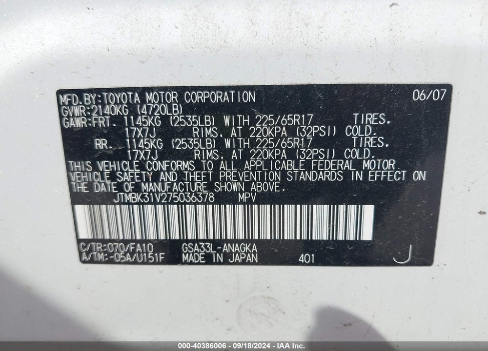 2007 TOYOTA RAV4 LIMITED V6 VIN: JTMBK31V275036378