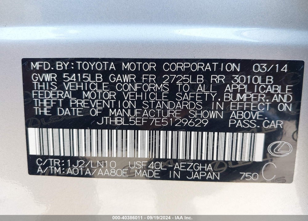 2014 LEXUS LS 460 VIN: JTHBL5EF7E5129629