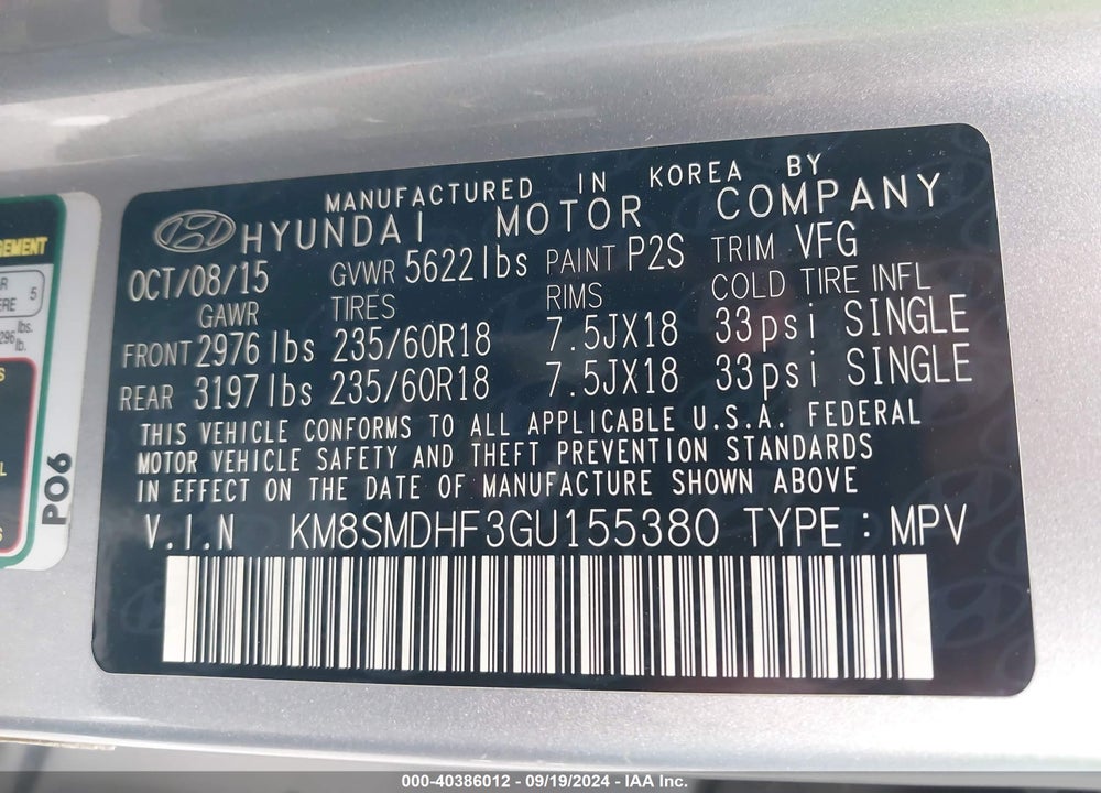 2016 HYUNDAI SANTA FE SE VIN: KM8SMDHF3GU155380