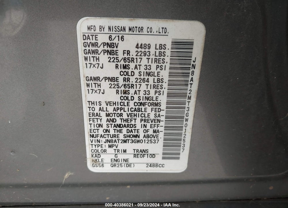 2016 NISSAN ROGUE SV VIN: JN8AT2MT3GW012537