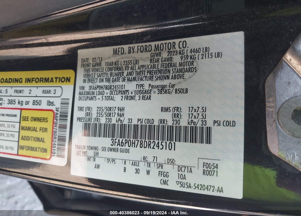 2013 FORD FUSION SE VIN: 3FA6P0H78DR245101