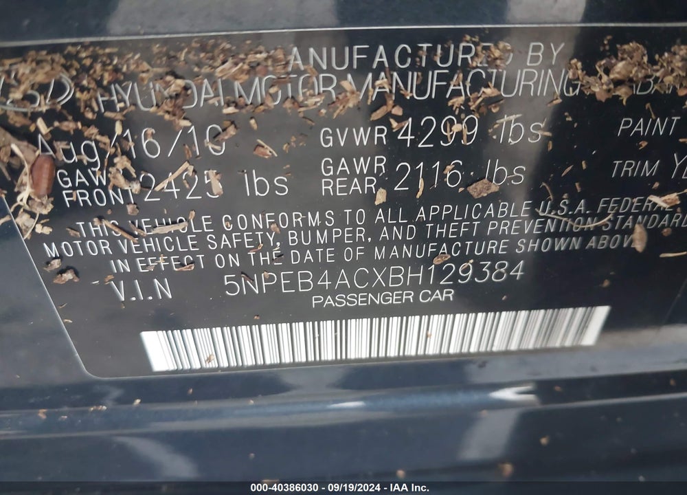 2011 HYUNDAI SONATA GLS VIN: 5NPEB4ACXBH129384