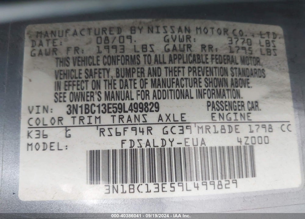 2009 NISSAN VERSA 1.8S VIN: 3N1BC13E59L499829