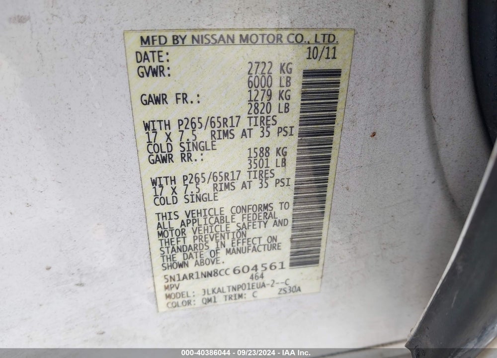 2012 NISSAN PATHFINDER SV VIN: 5N1AR1NN8CC604561