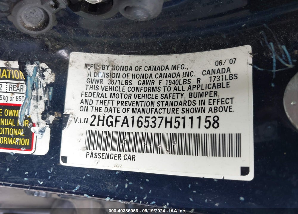 2007 HONDA CIVIC LX VIN: 2HGFA16537H511158