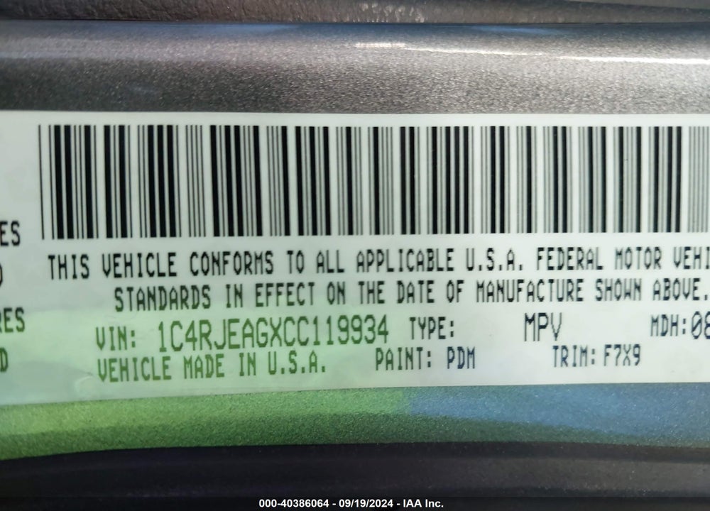 2012 JEEP GRAND CHEROKEE LAREDO VIN: 1C4RJEAGXCC119934