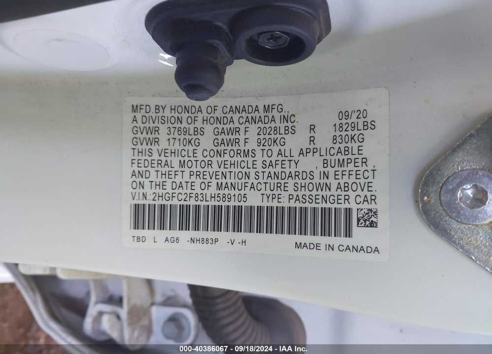 2020 HONDA CIVIC SPORT VIN: 2HGFC2F83LH589105