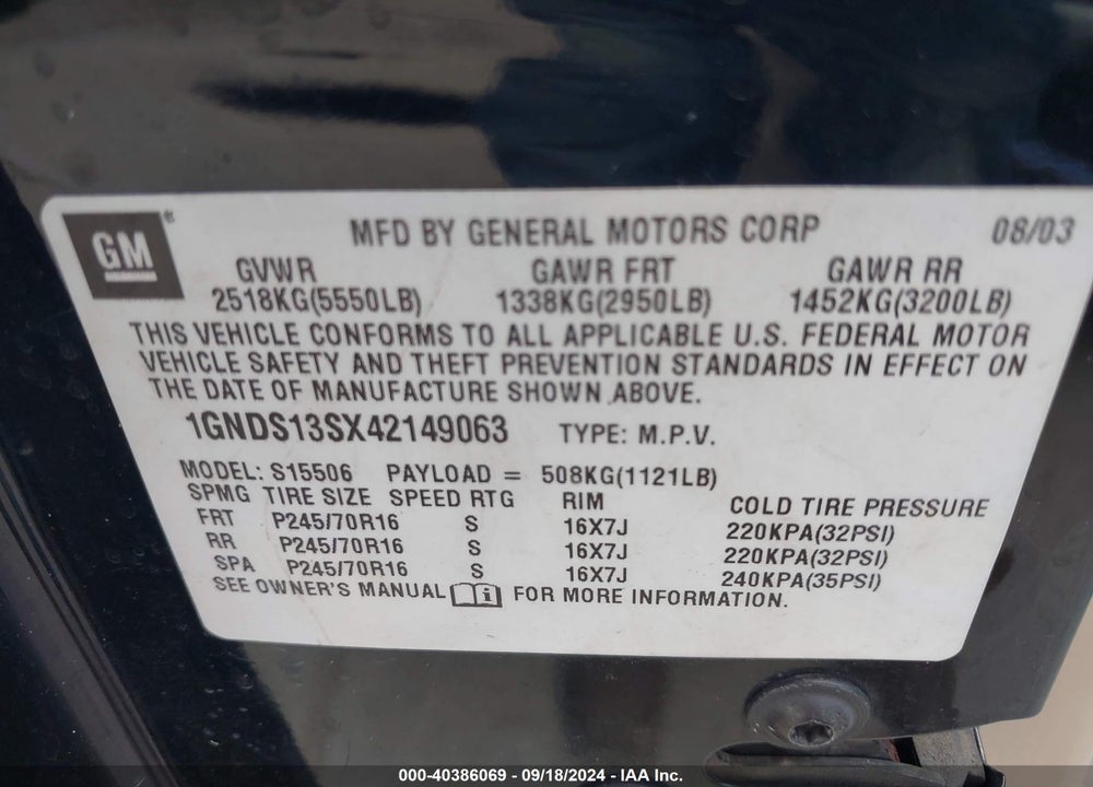 2004 CHEVROLET TRAILBLAZER LS VIN: 1GNDS13SX42149063