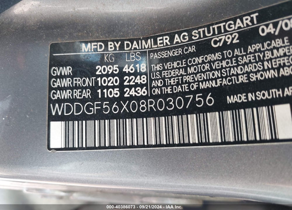 2008 MERCEDES-BENZ C 350 SPORT VIN: WDDGF56X08R030756