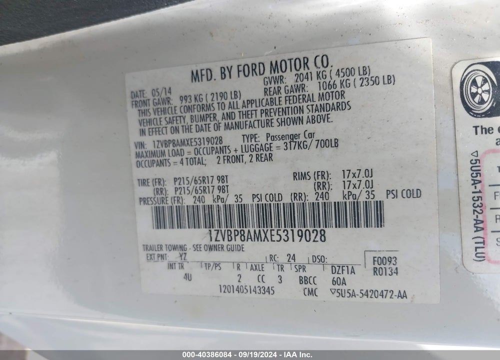 2014 FORD MUSTANG V6 PREMIUM VIN: 1ZVBP8AMXE5319028