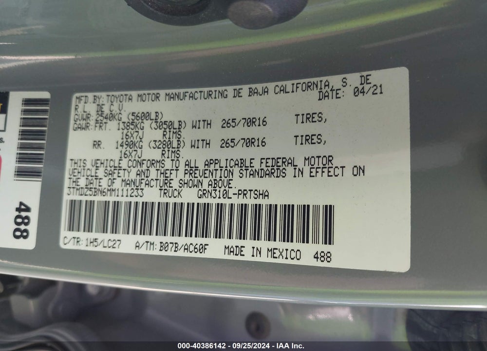 2021 TOYOTA TACOMA TRD OFF ROAD VIN: 3TMDZ5BN6MM111233