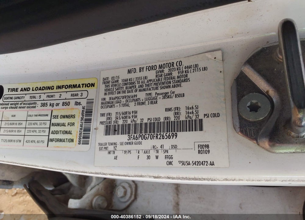 2015 FORD FUSION S VIN: 3FA6P0G70FR265699