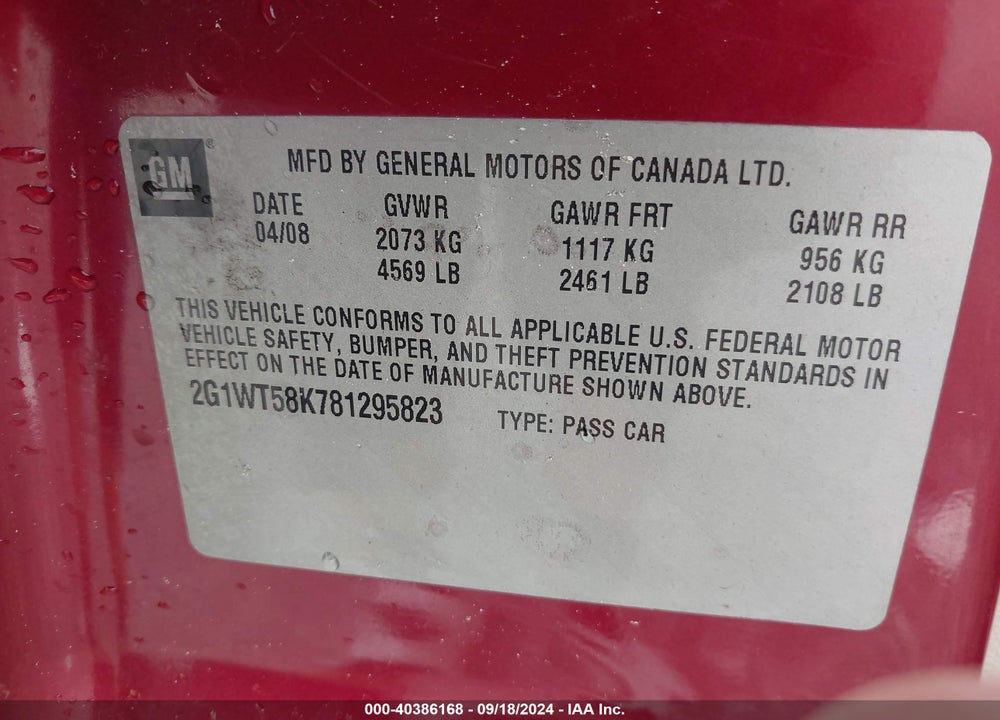 2008 CHEVROLET IMPALA VIN: 2G1WT58K781295823