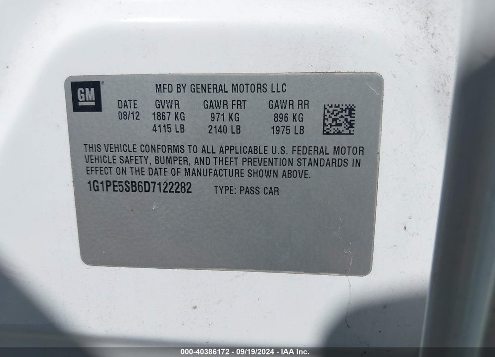 2013 CHEVROLET CRUZE 2LT AUTO VIN: 1G1PE5SB6D7122282
