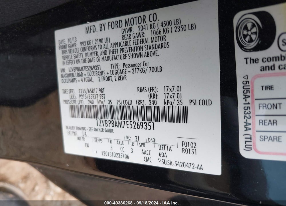 2014 FORD MUSTANG V6 VIN: 1ZVBP8AM7E5269351