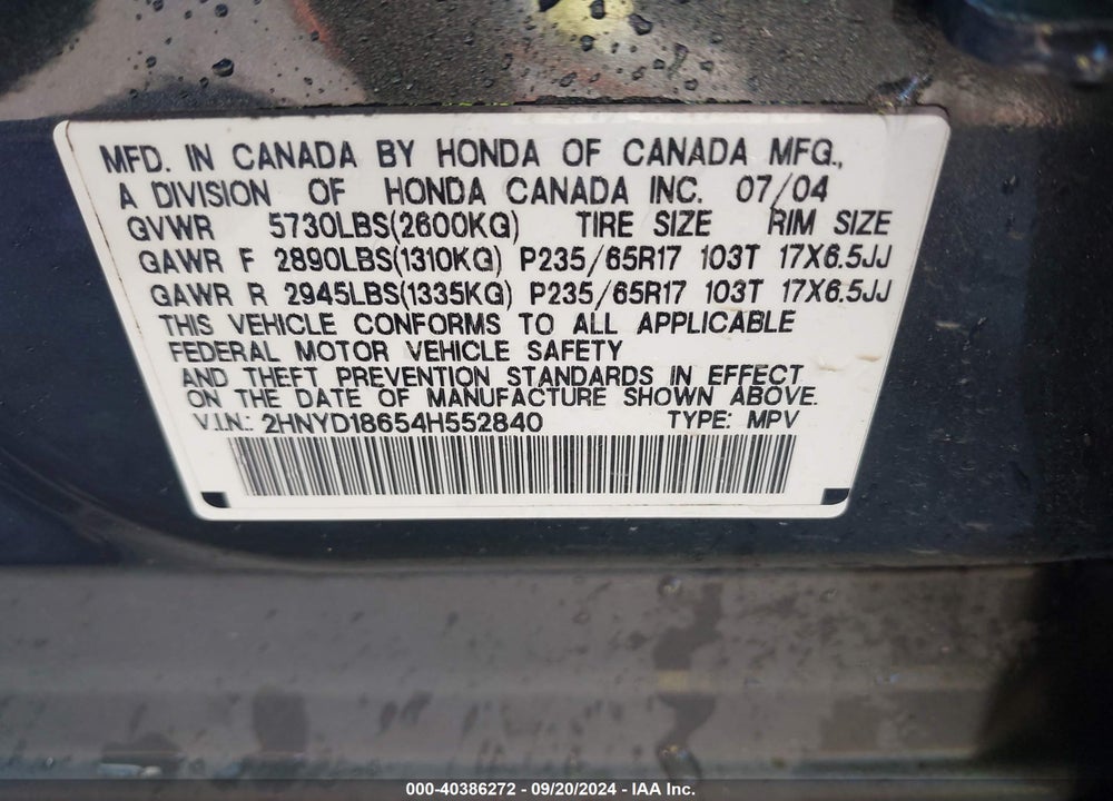 2004 ACURA MDX TOURING PKG VIN: 2HNYD18654H552840