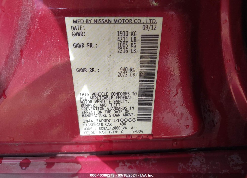 2013 NISSAN ALTIMA 2.5 SV VIN: 1N4AL3AP0DC140066