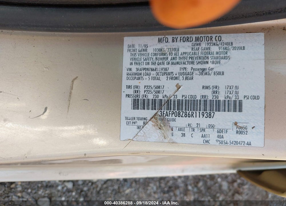 2006 FORD FUSION SEL VIN: 3FAFP08Z86R119387