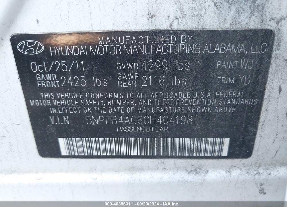 2012 HYUNDAI SONATA GLS VIN: 5NPEB4AC6CH404198