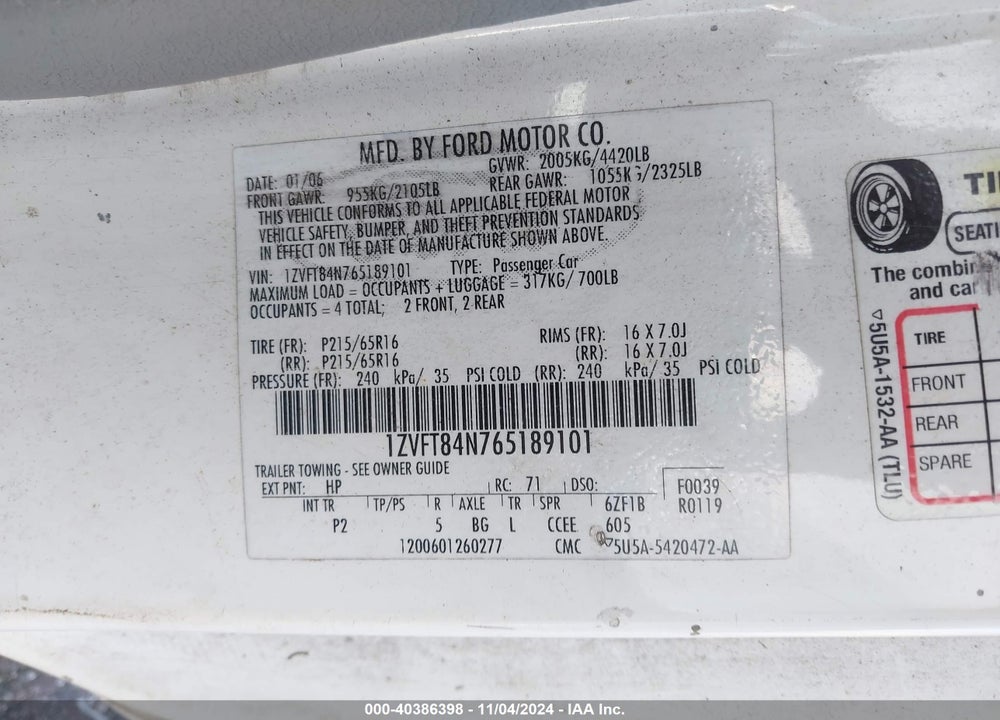 2006 FORD MUSTANG V6 VIN: 1ZVFT84N765189101