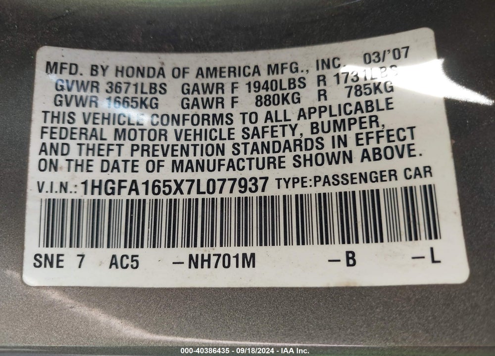 2007 HONDA CIVIC LX VIN: 1HGFA165X7L077937