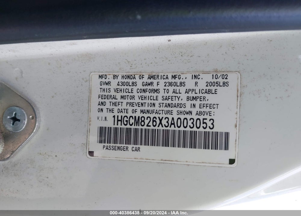 2003 HONDA ACCORD 3.0 EX VIN: 1HGCM826X3A003053