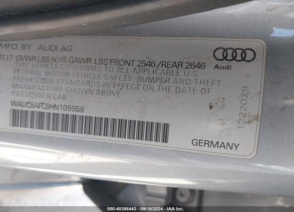 2017 AUDI A6 2.0T PREMIUM VIN: WAUC8AFC6HN109958