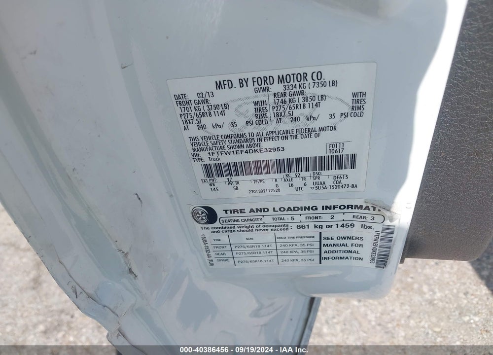 2013 FORD F-150 FX4 VIN: 1FTFW1EF4DKE32953