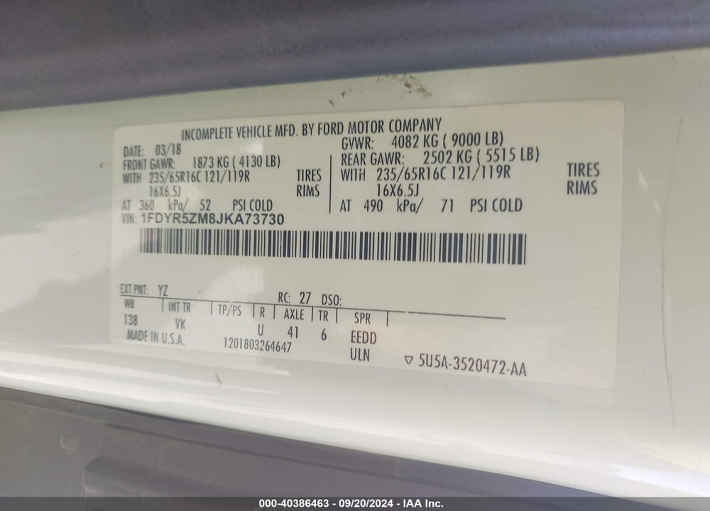 2018 FORD TRANSIT-250 CAB VIN: 1FDYR5ZM8JKA73730