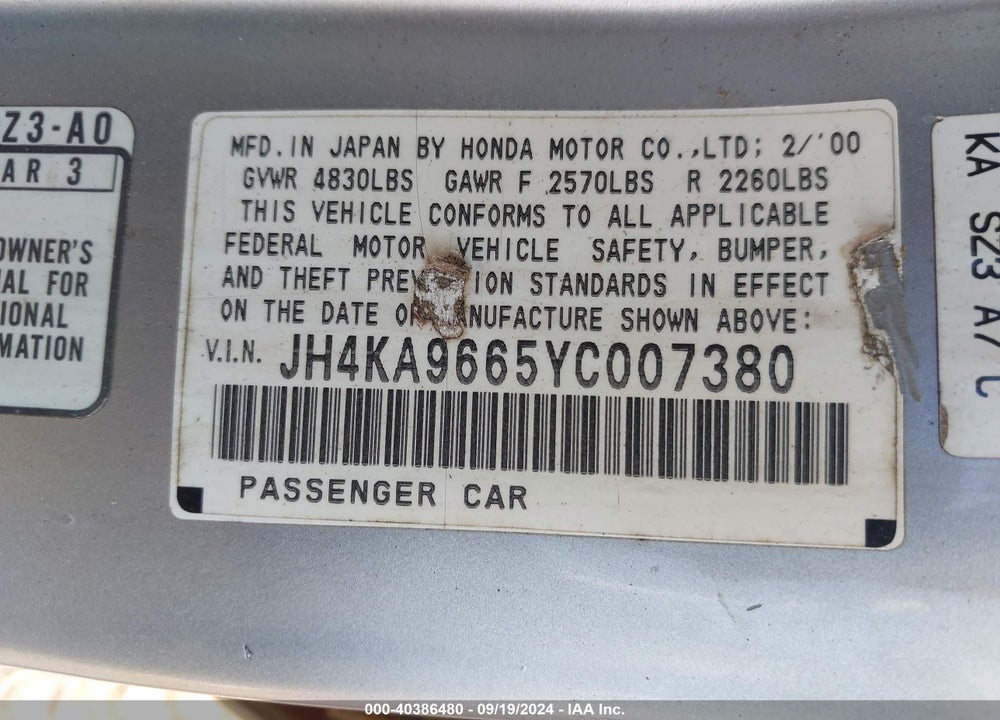 2000 ACURA RL 3.5 VIN: JH4KA9665YC007380
