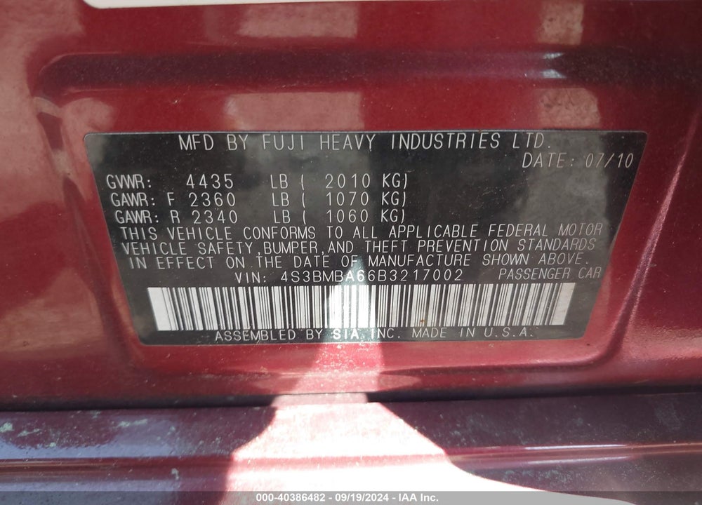 2011 SUBARU LEGACY 2.5I VIN: 4S3BMBA66B3217002
