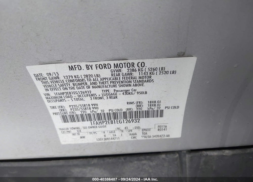 2014 FORD TAURUS SEL VIN: 1FAHP2E81EG126932
