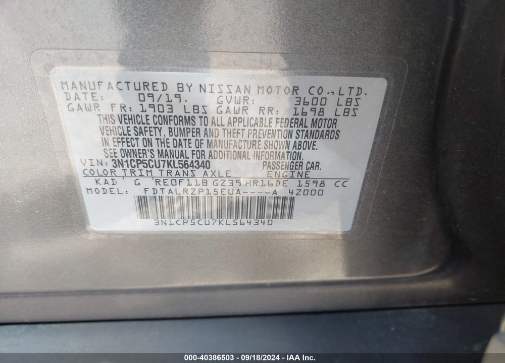 2019 NISSAN KICKS S VIN: 3N1CP5CU7KL564340