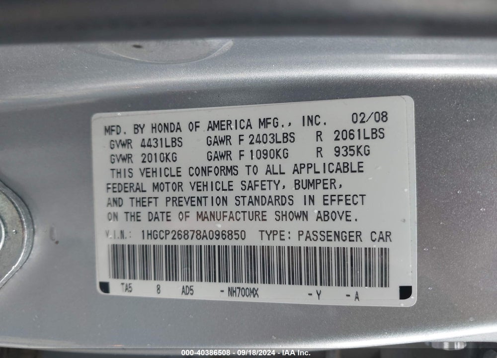 2008 HONDA ACCORD 2.4 EX-L VIN: 1HGCP26878A096850