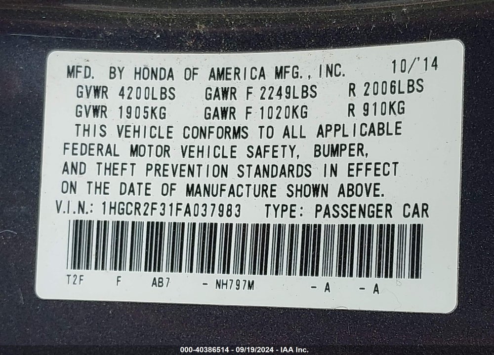 2015 HONDA ACCORD LX VIN: 1HGCR2F31FA037983