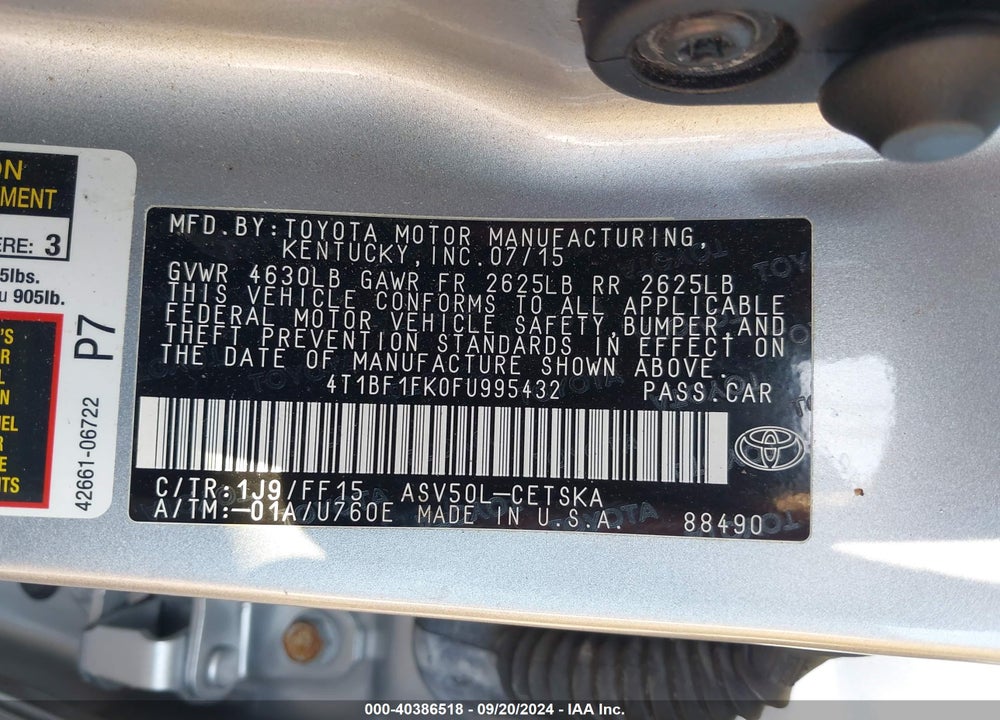 2015 TOYOTA CAMRY SE VIN: 4T1BF1FK0FU995432