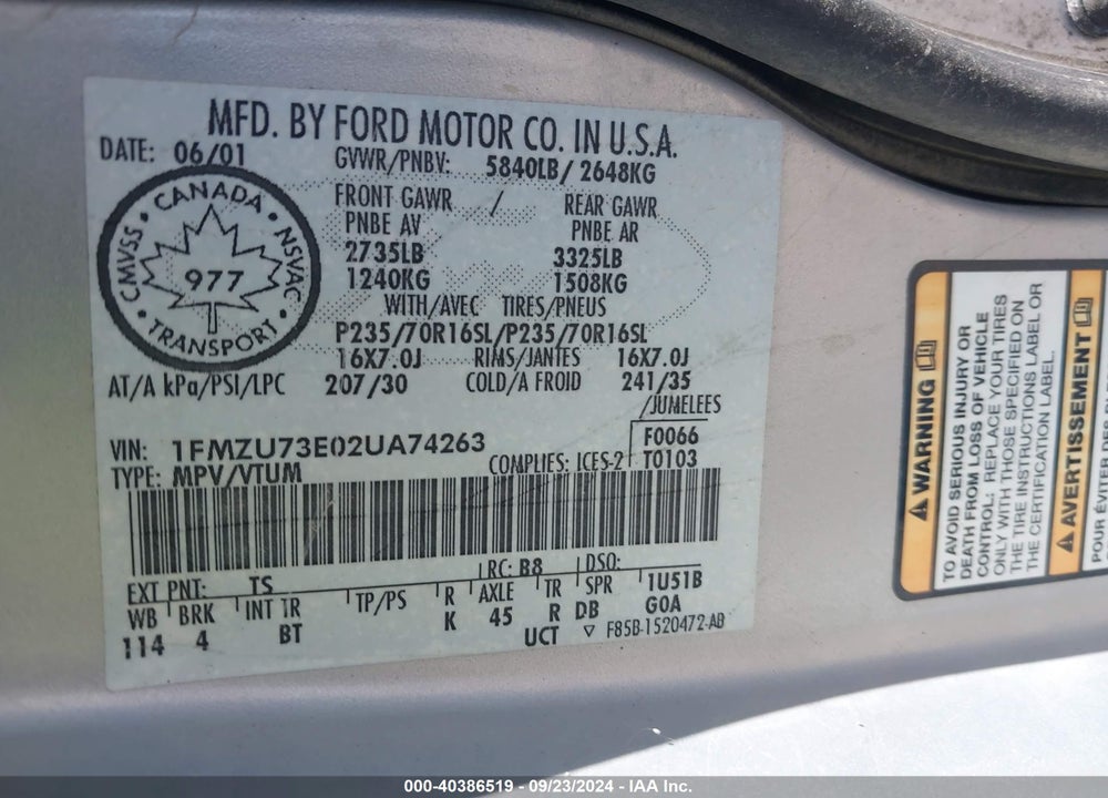 2002 FORD EXPLORER XLT VIN: 1FMZU73E02UA74263