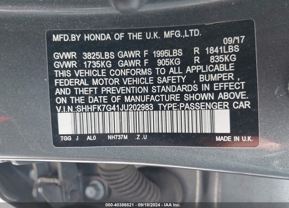 2018 HONDA CIVIC SPORT VIN: SHHFK7G41JU202983