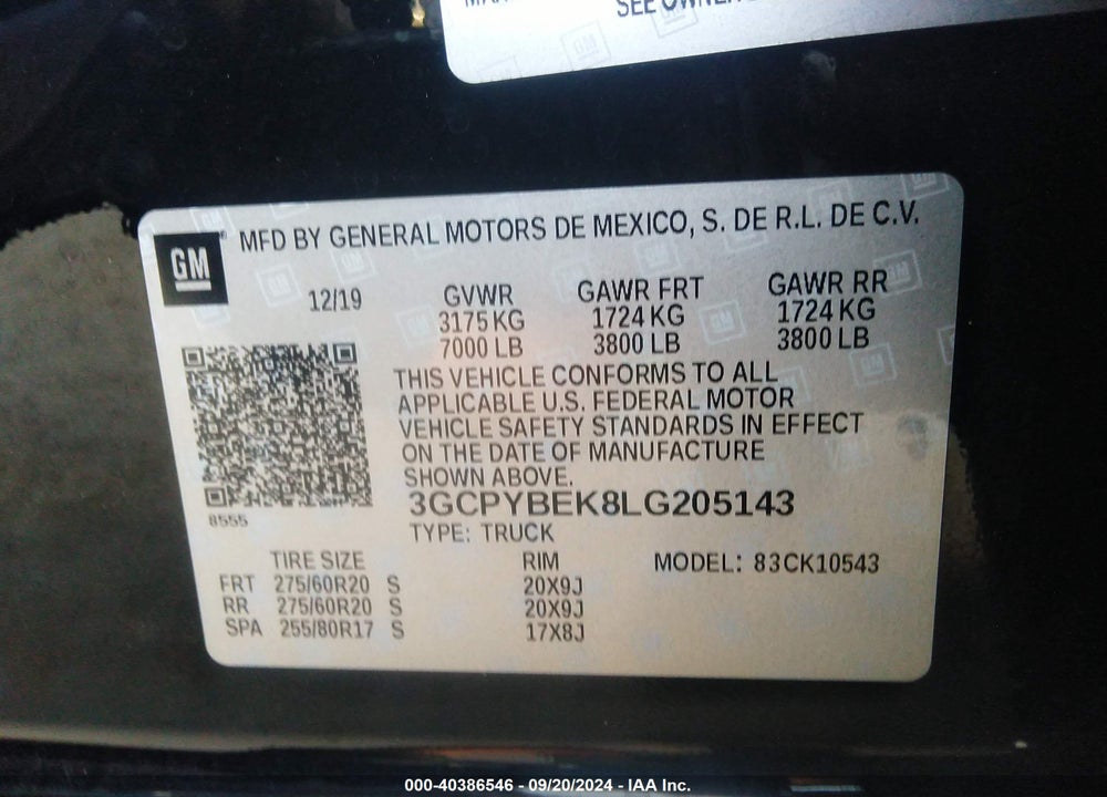2020 CHEVROLET SILVERADO 1500 VIN: 3GCPYBEK8LG205143
