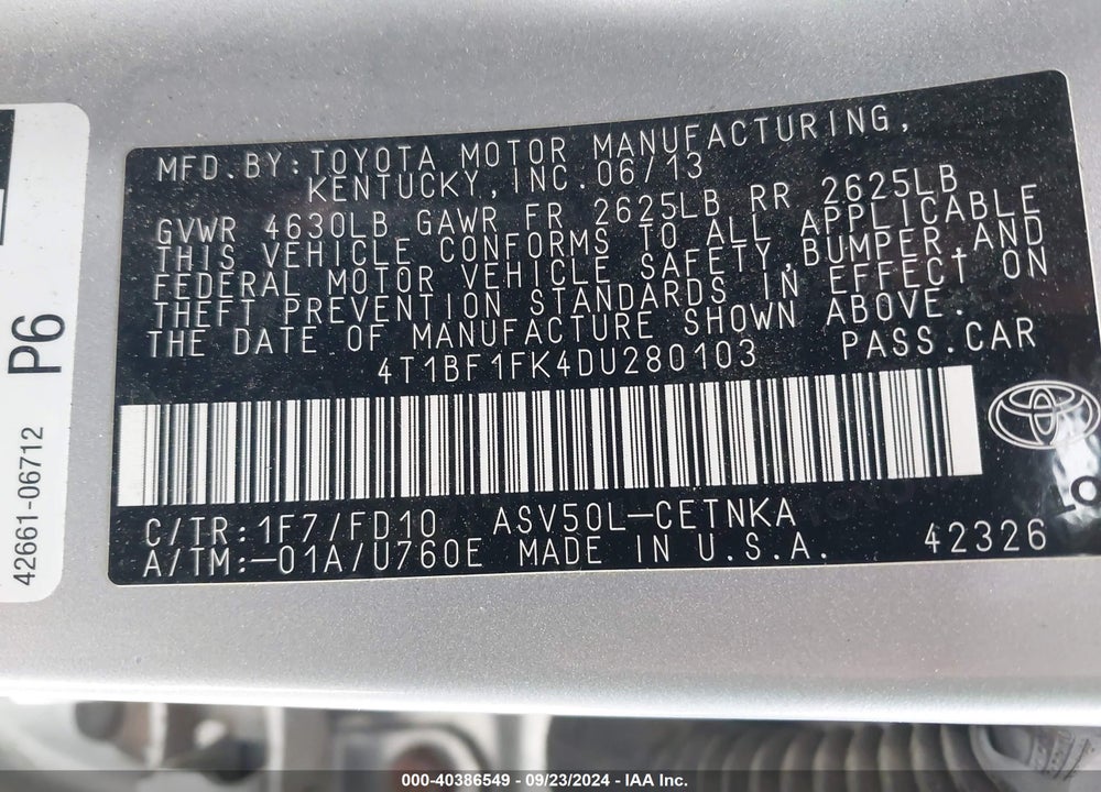 2013 TOYOTA CAMRY LE VIN: 4T1BF1FK4DU280103
