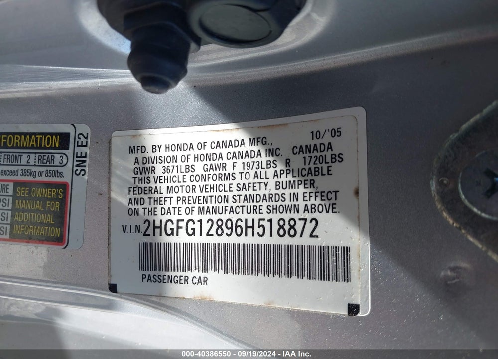 2006 HONDA CIVIC VIN: 2HGFG12896H518872