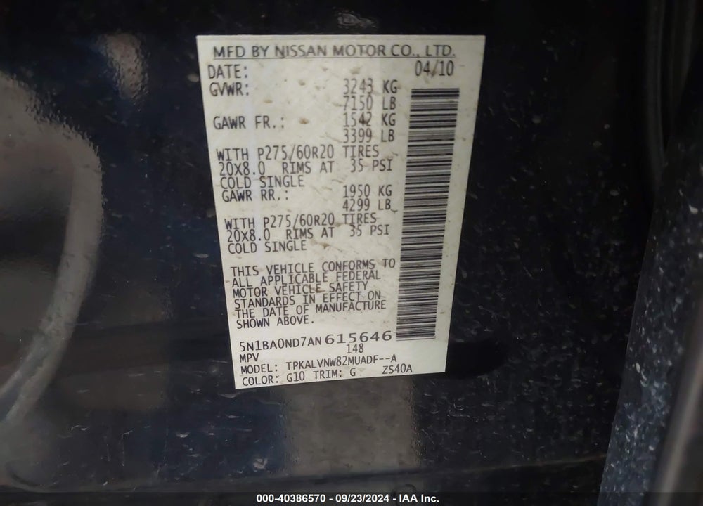 2010 NISSAN ARMADA VIN: 5N1BA0ND7AN615646