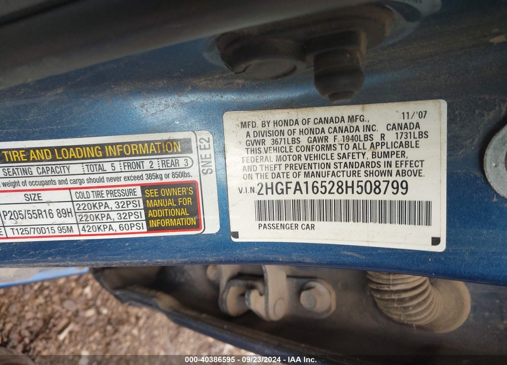 2008 HONDA CIVIC VIN: 2HGFA16528H508799