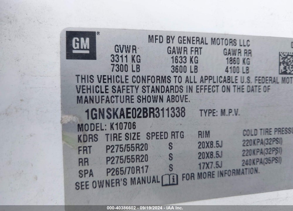 2011 CHEVROLET TAHOE LS VIN: 1GNSKAE02BR311338